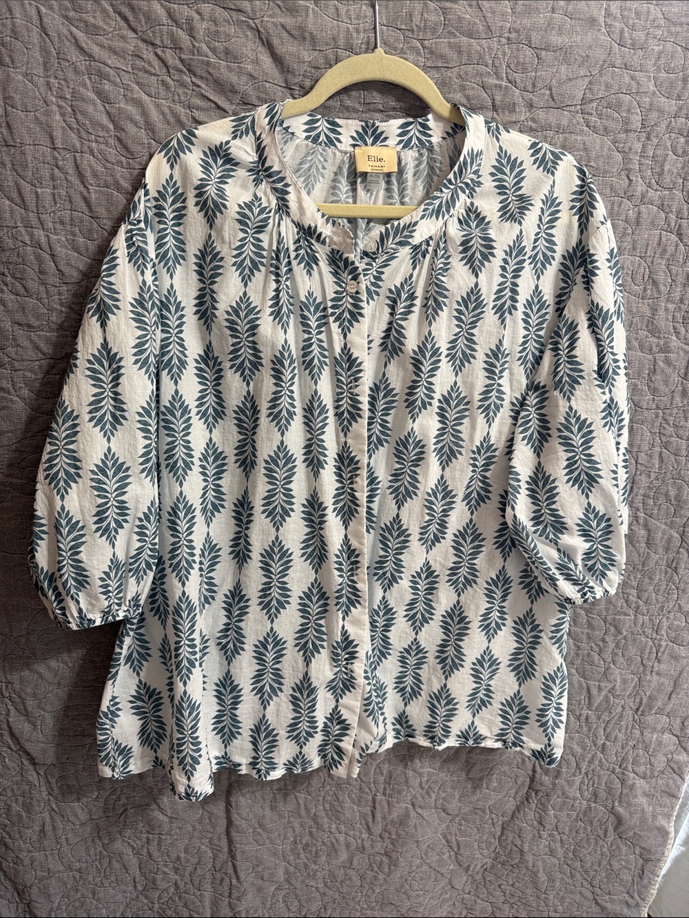 White Button-Front Top with Teal Leaf Print